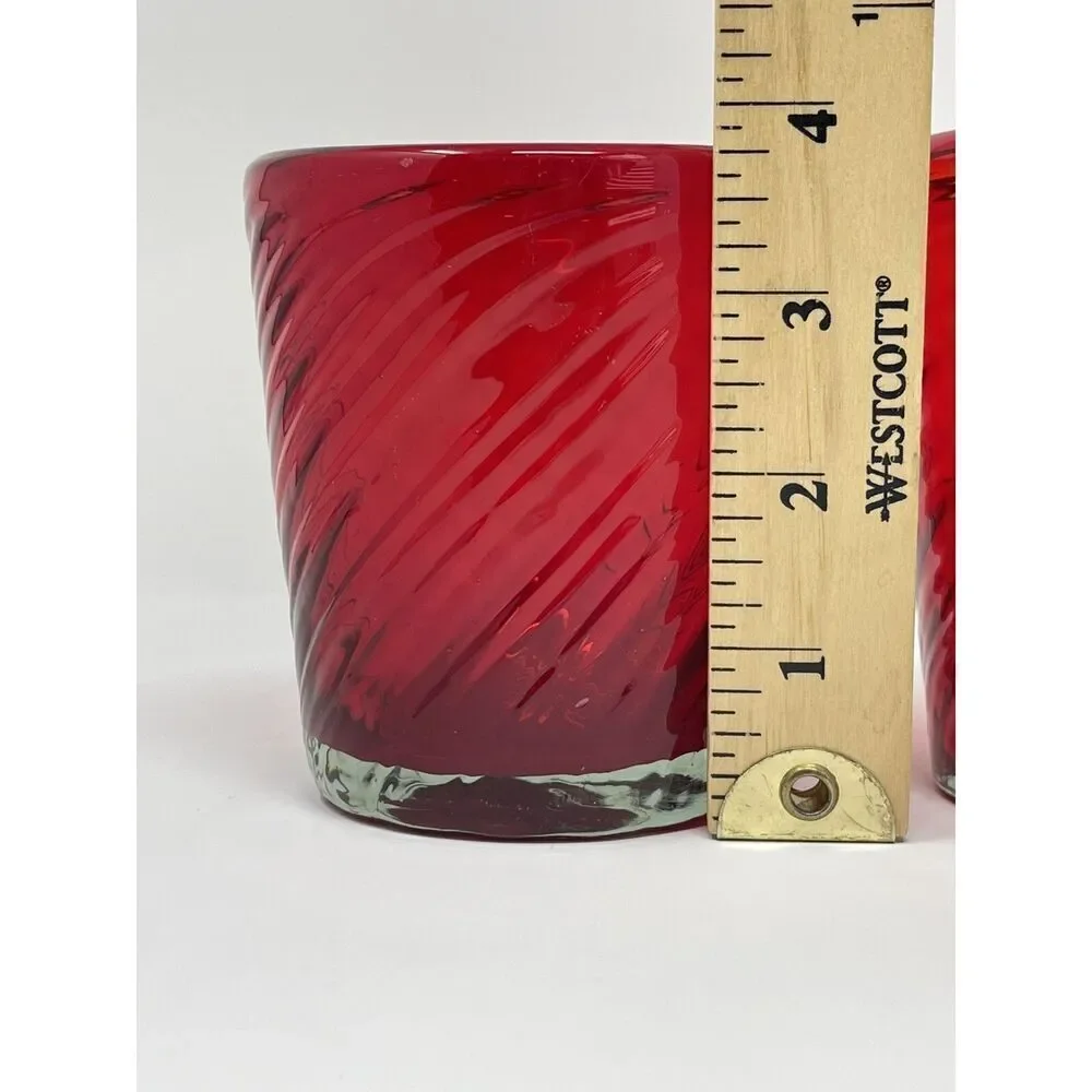 Handblown VALENCIA Garnet Ruby Red Optic Twist Tumbler Glasses 3.75” Set Of 2